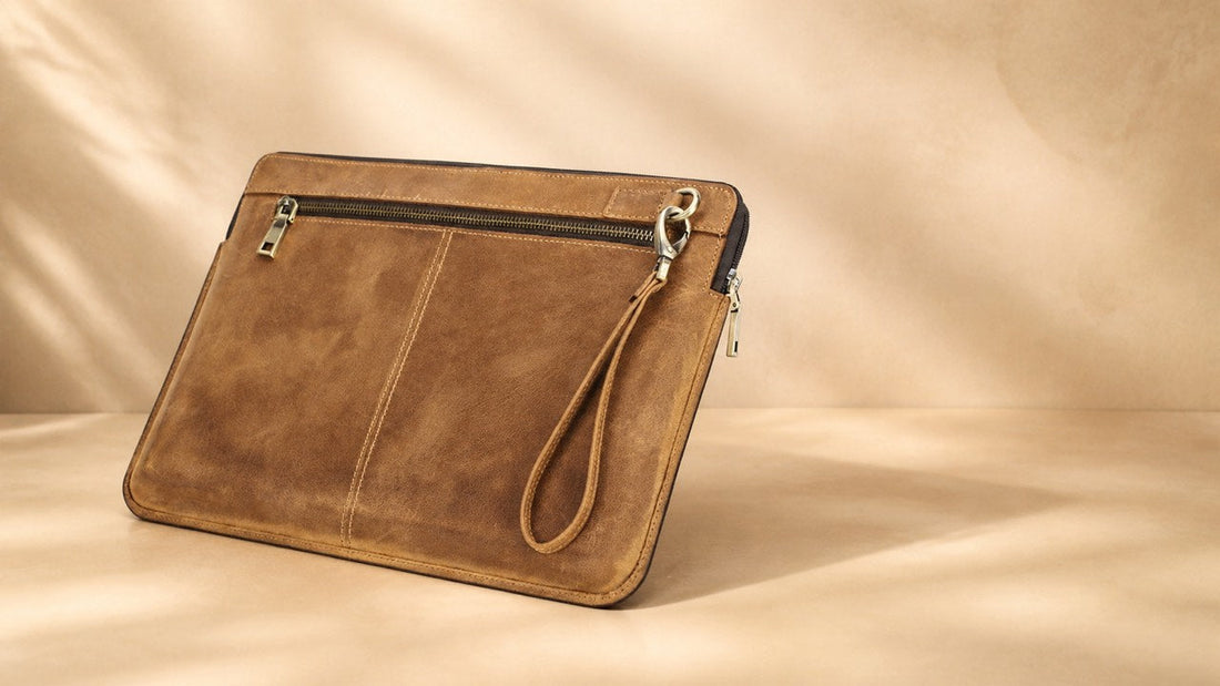 Genuine leather MacBook sleeve in a warm neutral setting