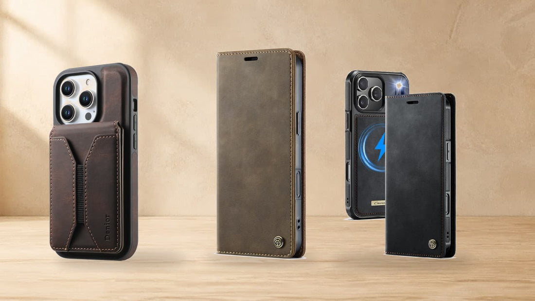Three Leather Ward PU leather iPhone wallet cases arranged on a natural wood tabletop