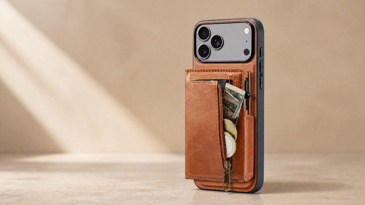 Leather phone case with detachable zip wallet in a warm neutral setting