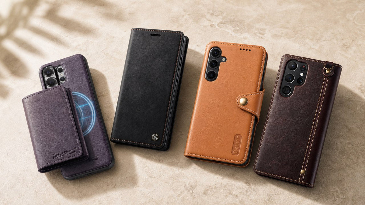 Four Samsung phone case layouts, including flip covers and card holders, on a warm beige surface