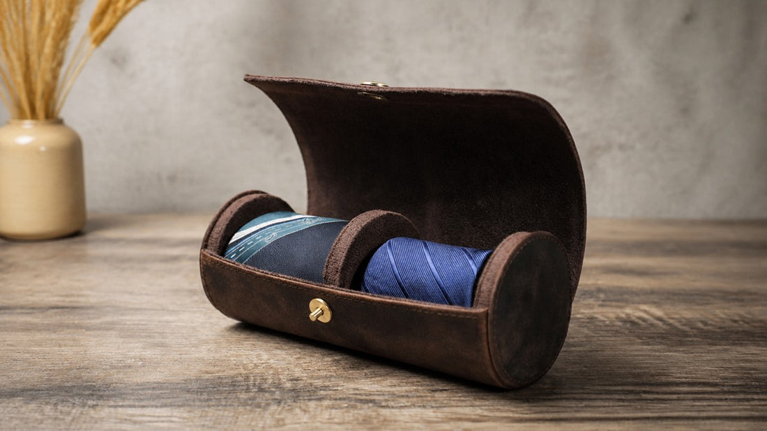 Open brown leather tie travel case holding two rolled blue ties