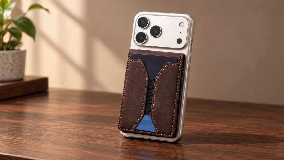 Brown Leather Ward magnetic card holder on a phone over a walnut desk