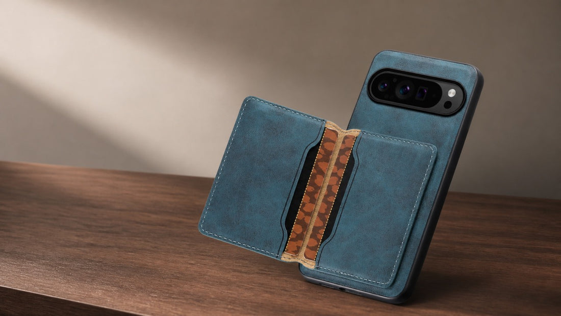 Blue Google Pixel case with detachable wallet on a warm walnut desk