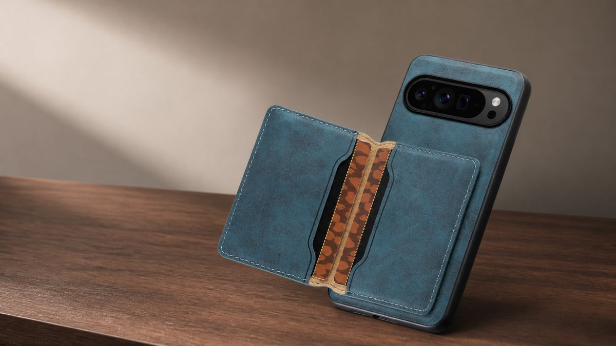 Blue Google Pixel case with detachable wallet on a warm walnut desk