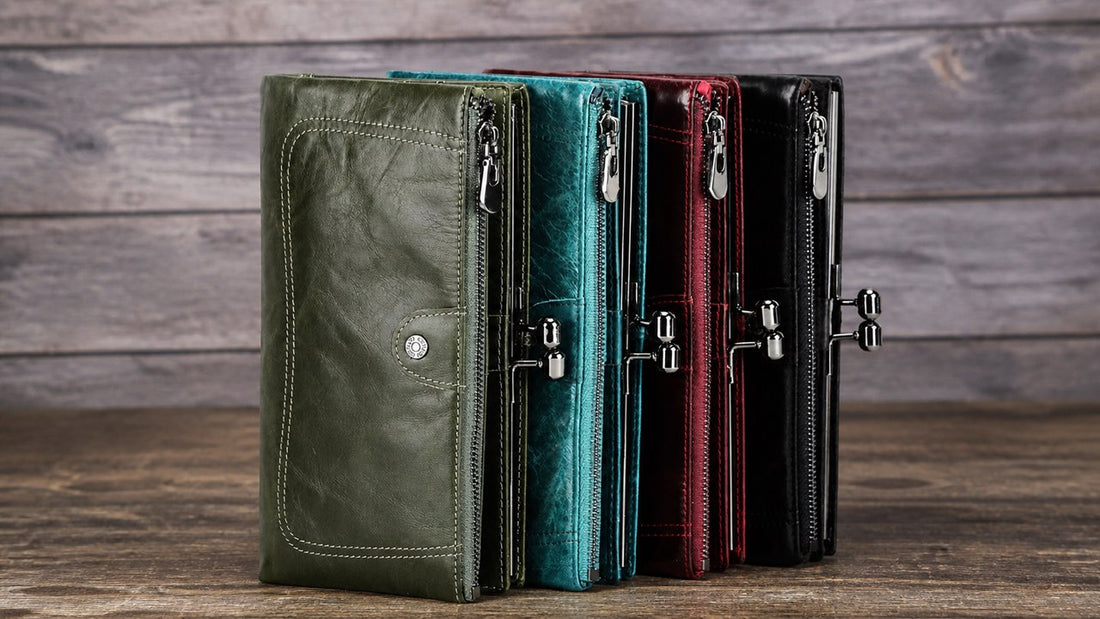 Leather Ward long leather wallets displayed on a warm wooden tabletop