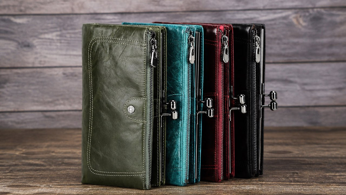Leather Ward long leather wallets displayed on a warm wooden tabletop