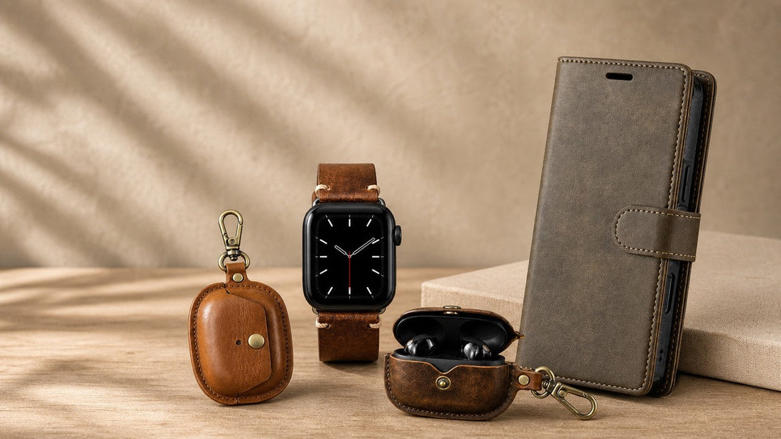 Leather Ward phone case, watch band and tech accessories in warm neutral tones