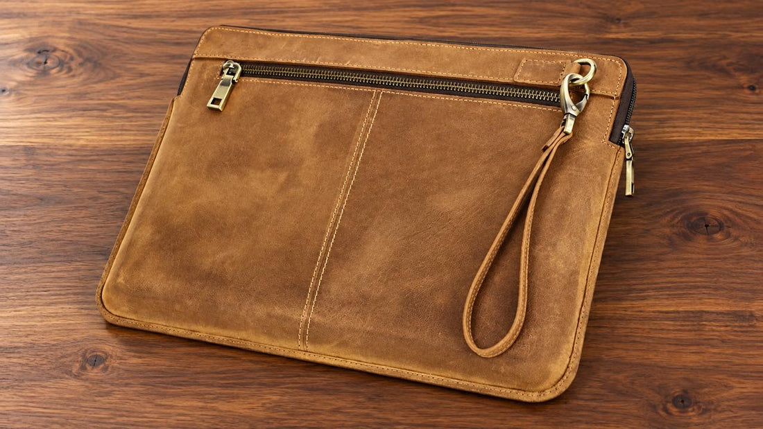 Tan leather MacBook sleeve with zipper and wrist strap on a walnut desk