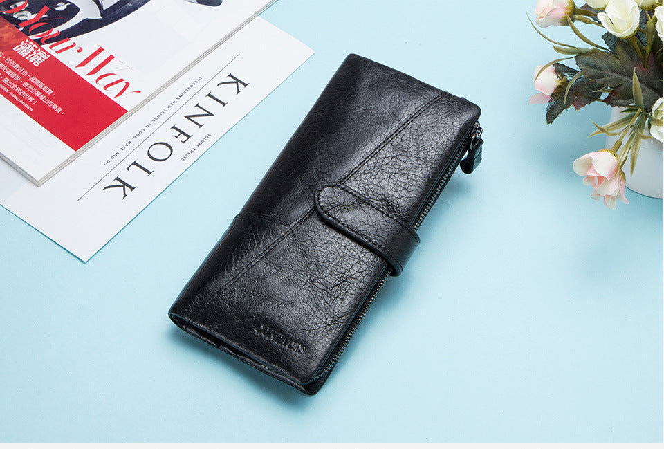 Men’s Cowhide Leather Tri-Fold Clutch Wallet with Clasp Closure