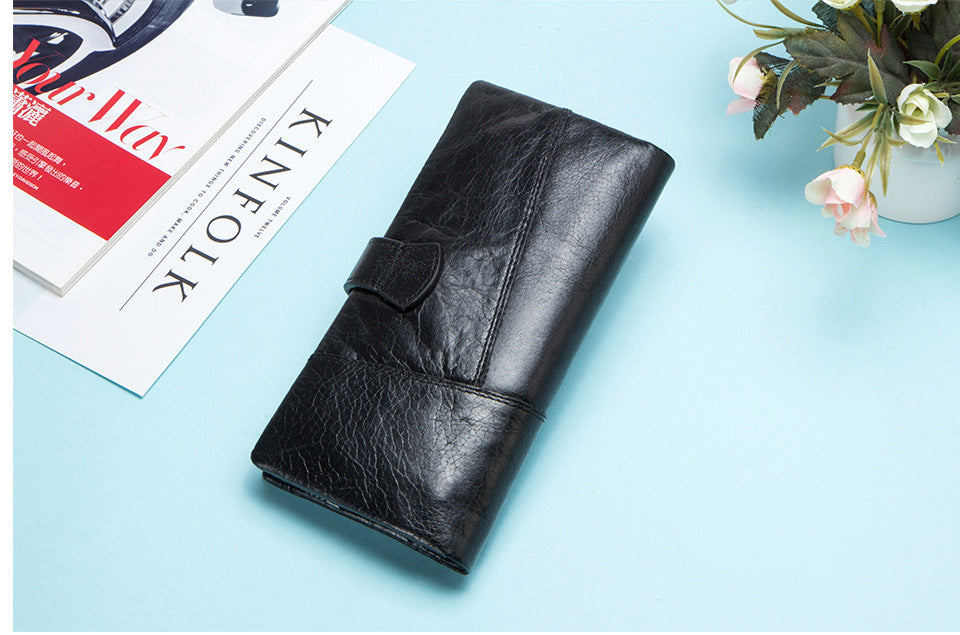 Men’s Cowhide Leather Tri-Fold Clutch Wallet with Clasp Closure