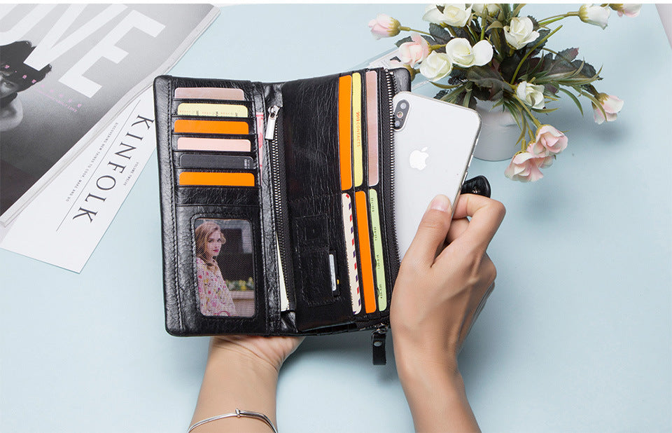 Men’s Cowhide Leather Tri-Fold Clutch Wallet with Clasp Closure