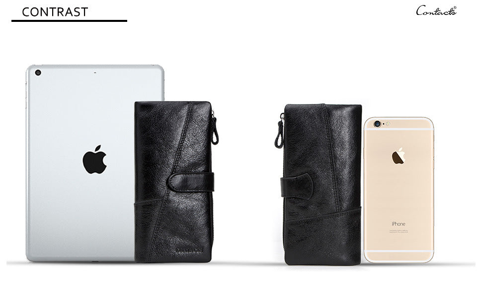 Men’s Cowhide Leather Tri-Fold Clutch Wallet with Clasp Closure
