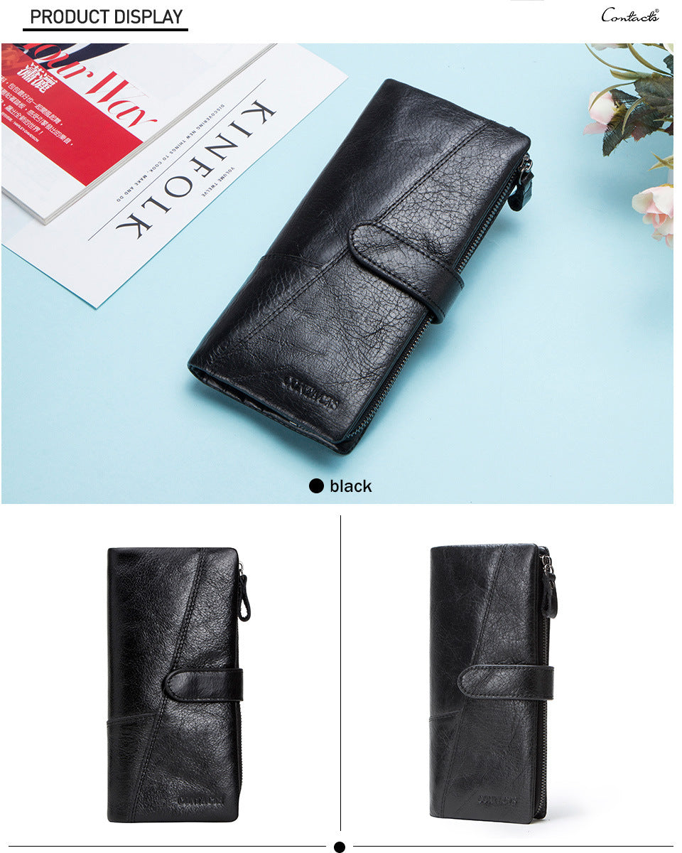 Men’s Cowhide Leather Tri-Fold Clutch Wallet with Clasp Closure