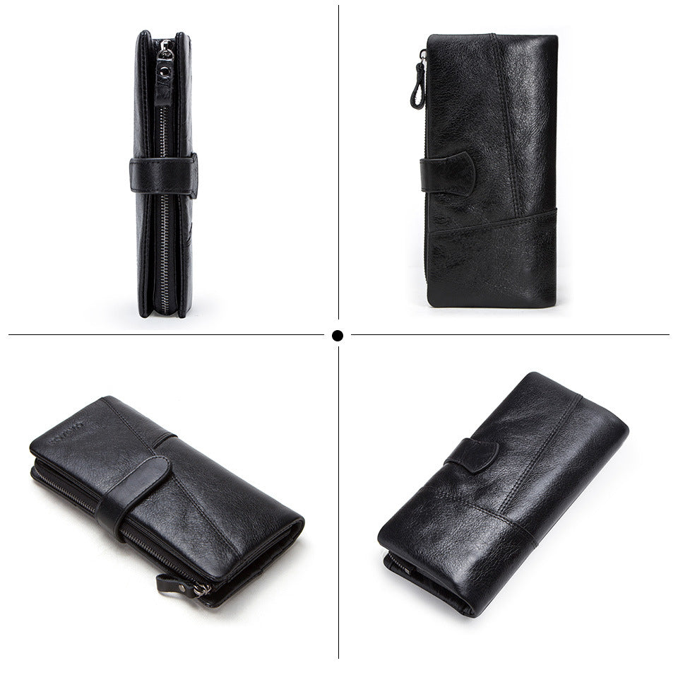 Men’s Cowhide Leather Tri-Fold Clutch Wallet with Clasp Closure