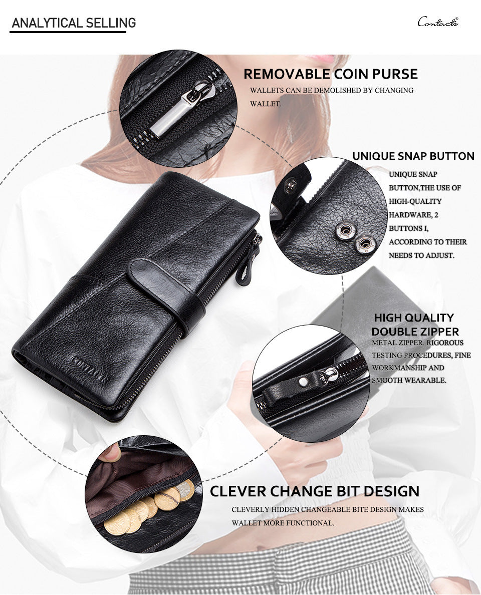 Men’s Cowhide Leather Tri-Fold Clutch Wallet with Clasp Closure