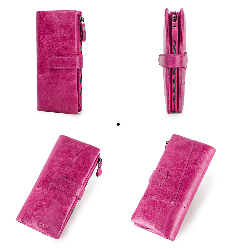Men’s Cowhide Leather Tri-Fold Clutch Wallet with Clasp Closure