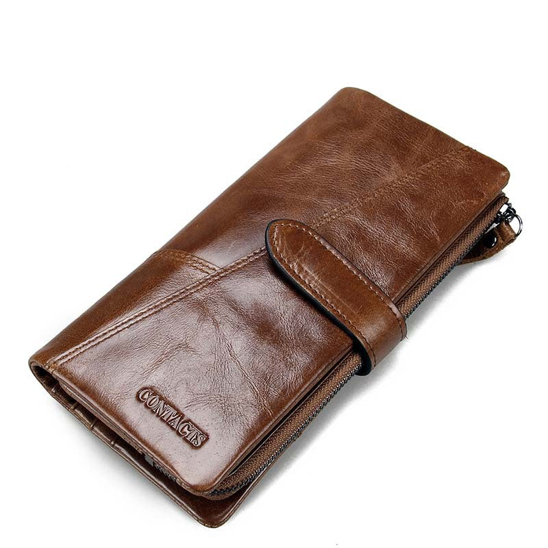 Men’s Cowhide Leather Tri-Fold Clutch Wallet with Clasp Closure