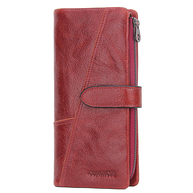 Men’s Cowhide Leather Tri-Fold Clutch Wallet with Clasp Closure