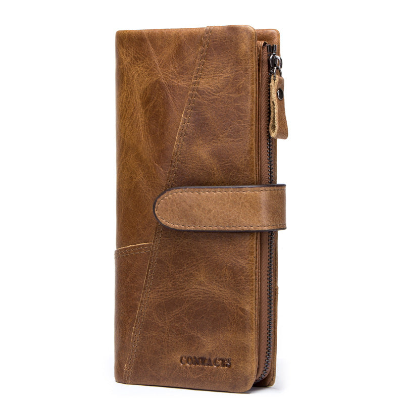Men’s Cowhide Leather Tri-Fold Clutch Wallet with Clasp Closure