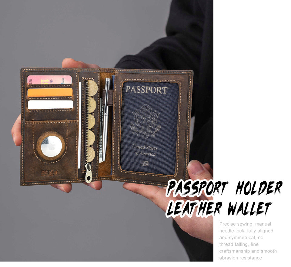 Black Vintage Crazy Horse Leather RFID-Blocking Family Passport Wallet with AirTag Pocket