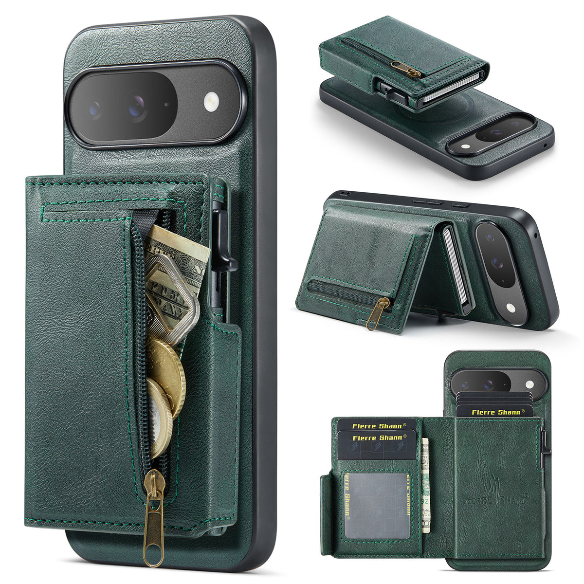 PU Leather Magnetic Pop-Up Card Wallet with Zipper Coin Pocket for Google Pixel
