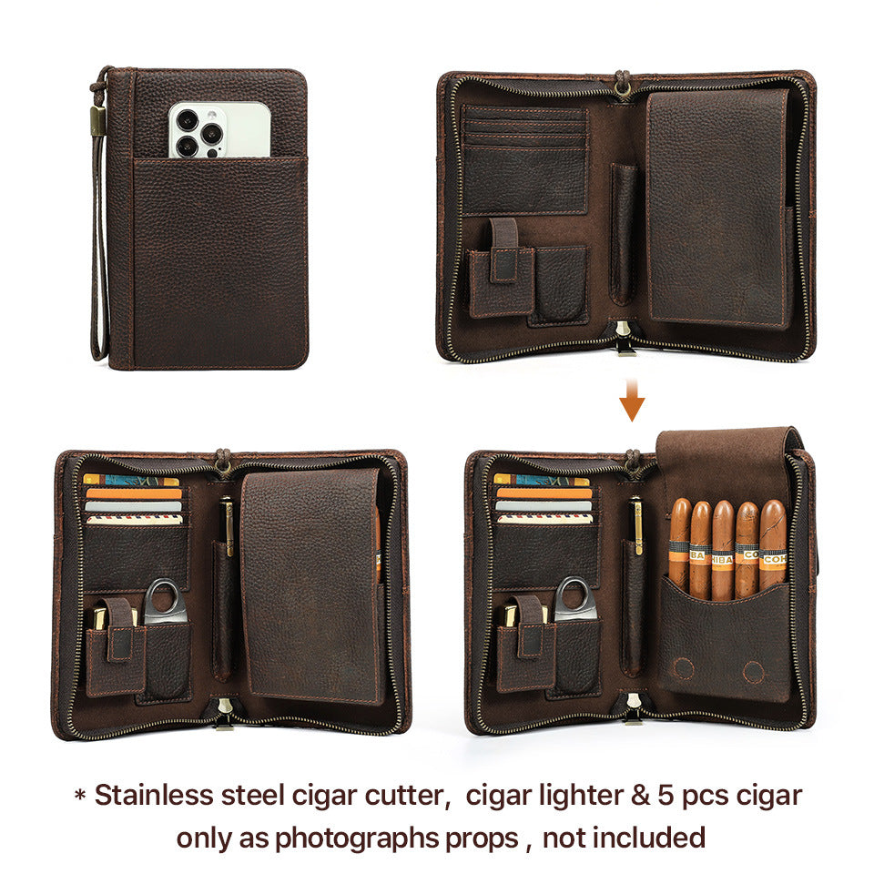 Genuine Leather Zipper Travel Cigar Case with Wrist Strap – Holds 5 Cigars