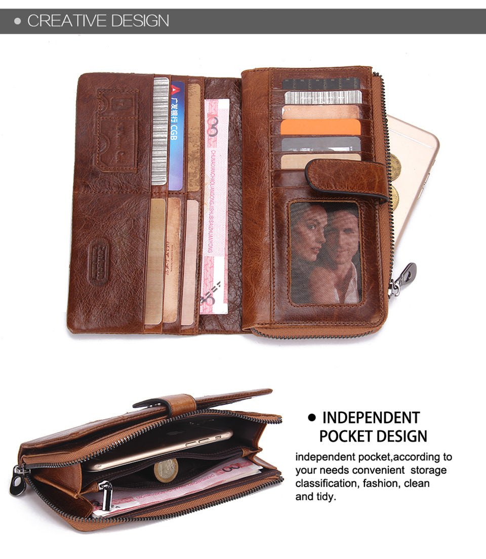 Men’s Top-Grain Cowhide Leather Long Clutch Wallet with Clasp Closure