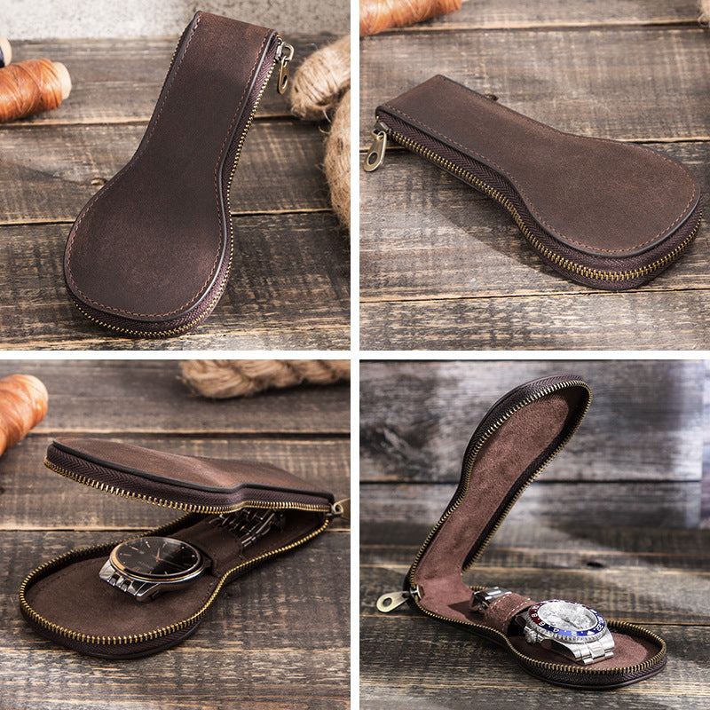 Retro Leather Single Watch Travel Case with Zipper Closure