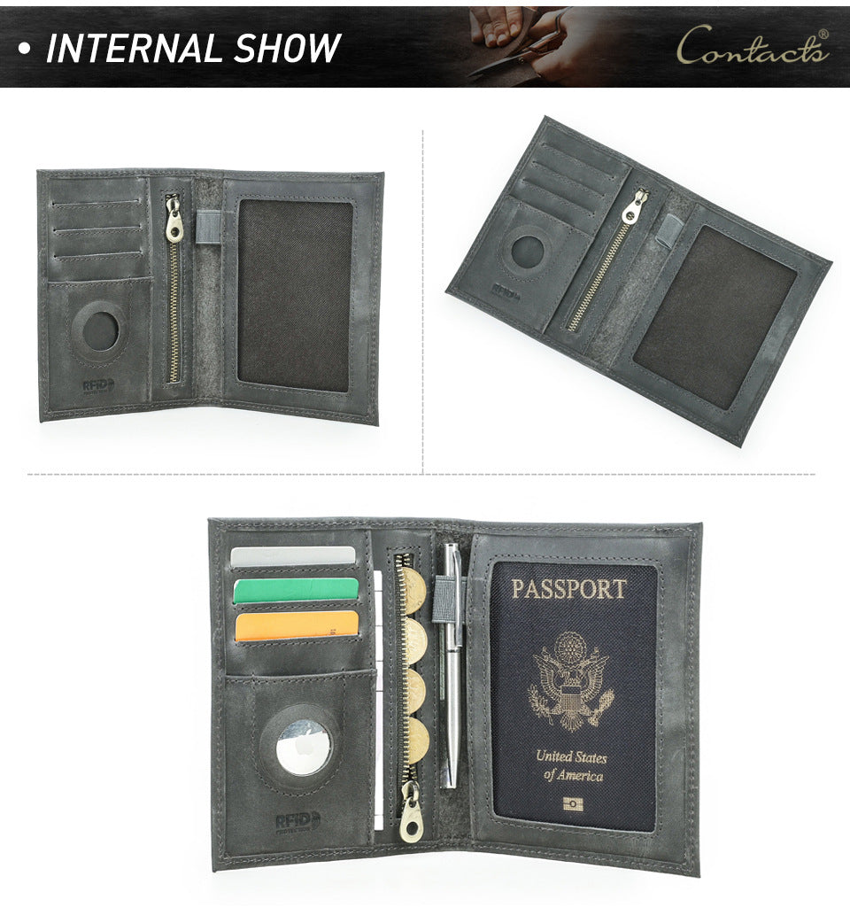 Black Vintage Crazy Horse Leather RFID-Blocking Family Passport Wallet with AirTag Pocket