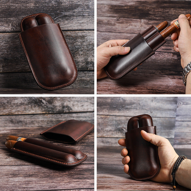 Vintage Cowhide Leather Travel Cigar Case – Holds 2 Cigars