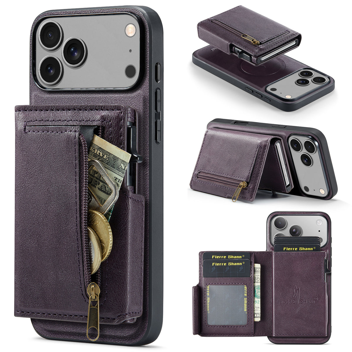 2-in-1 MagSafe PU Leather Case with Detachable Card Holder Stand for iPhone 11-17 Series