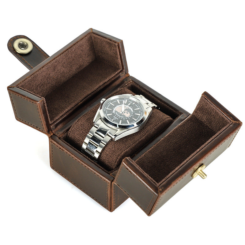 Retro Brown Crazy Horse Double Open Leather Watch Case with Magnetic Clasp