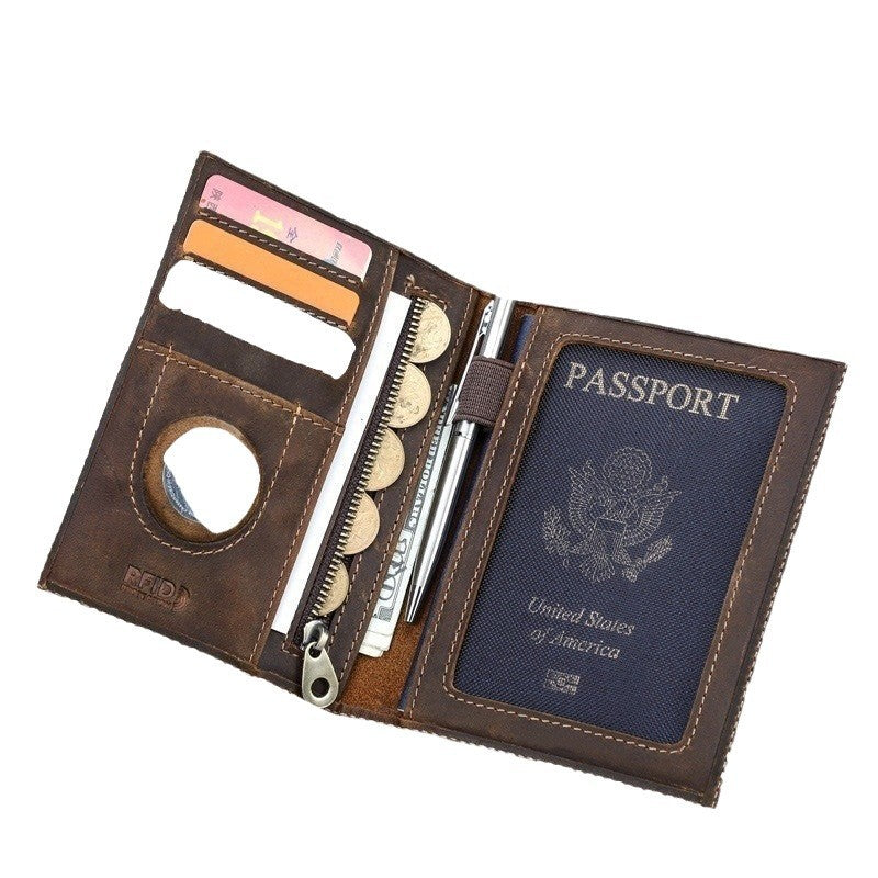Black Vintage Crazy Horse Leather RFID-Blocking Family Passport Wallet with AirTag Pocket