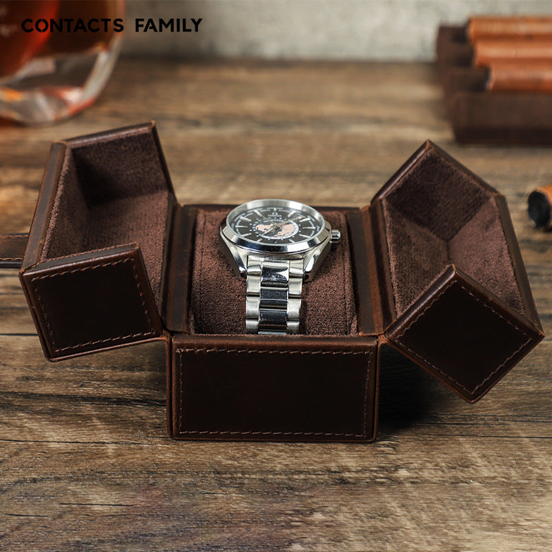 Retro Brown Crazy Horse Double Open Leather Watch Case with Magnetic Clasp