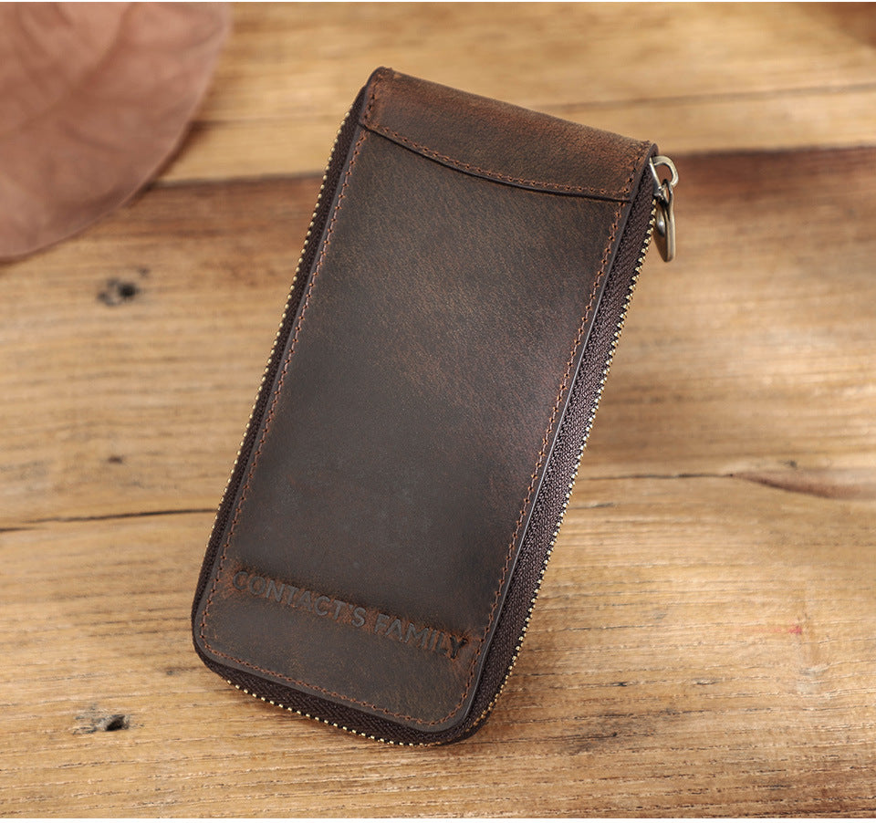 Vintage Crazy Horse Leather Zipper Travel Case for One Watch