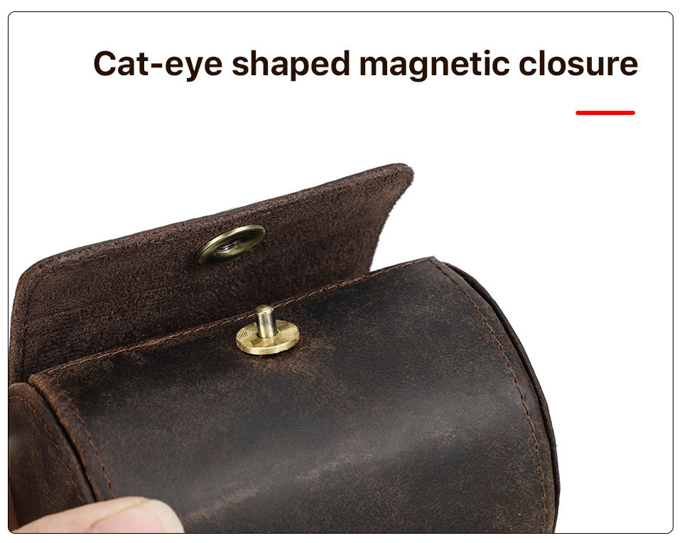 Handmade Genuine Leather Round Tie Travel Case with Magnetic Closure