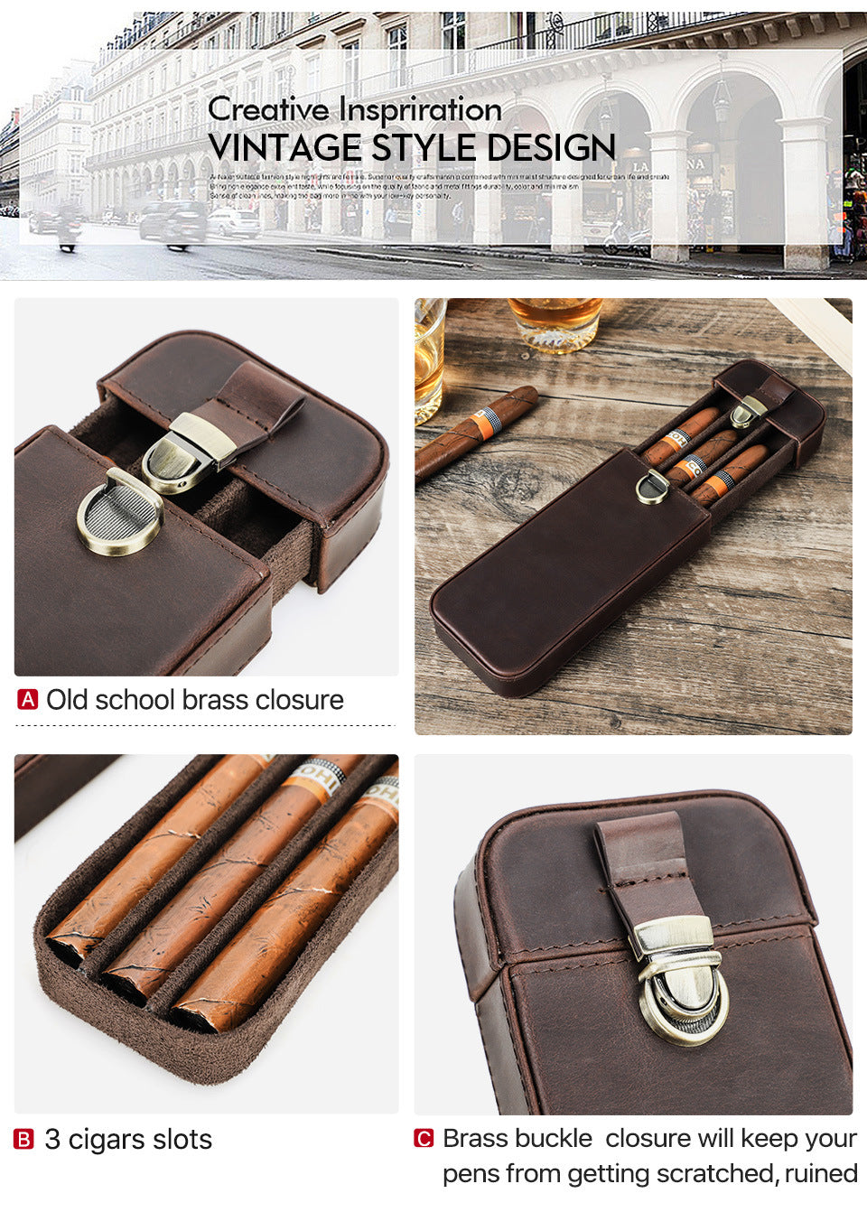 Handmade Cowhide Leather Drawer-Style Cigar Case with Lock – Holds 3 Cigars