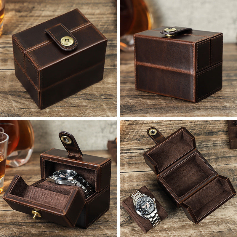 Retro Brown Crazy Horse Double Open Leather Watch Case with Magnetic Clasp