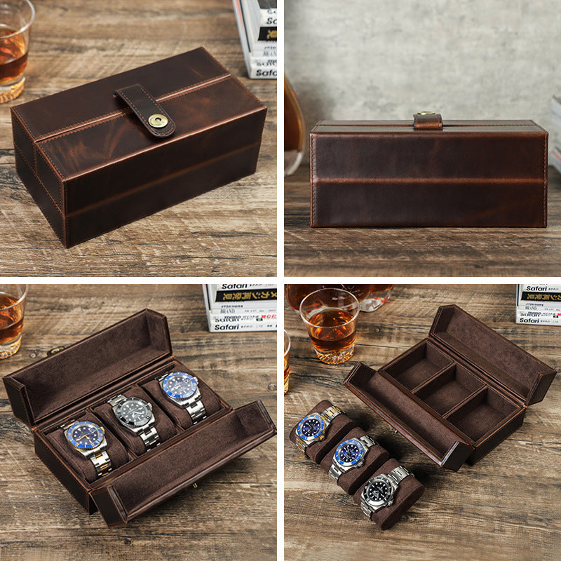 Vintage Crazy Horse Leather Travel Watch Square Case with Magnetic Clasp for Three Watches