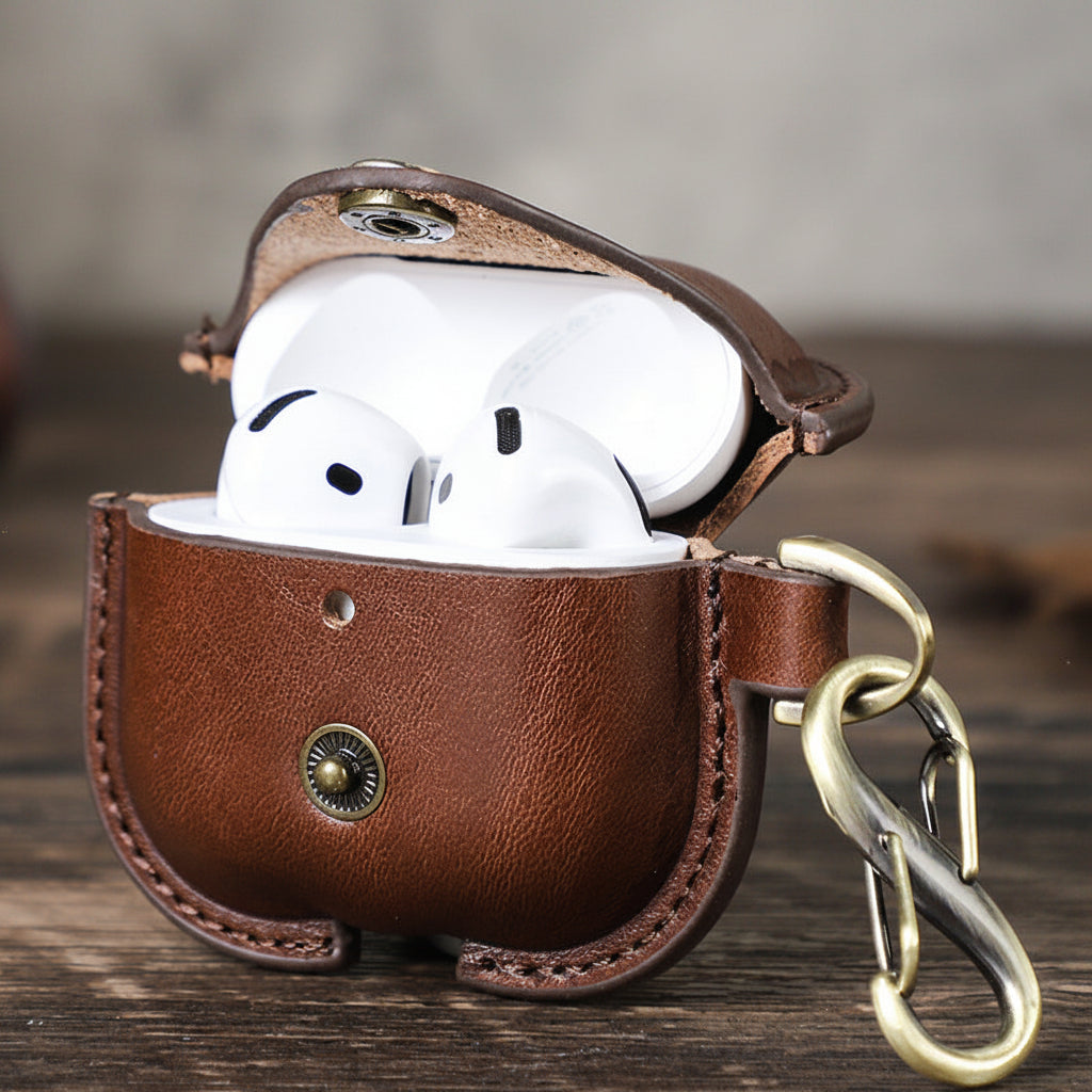 Full-Cover Cowhide Leather Case with Snap Closure for AirPods 4