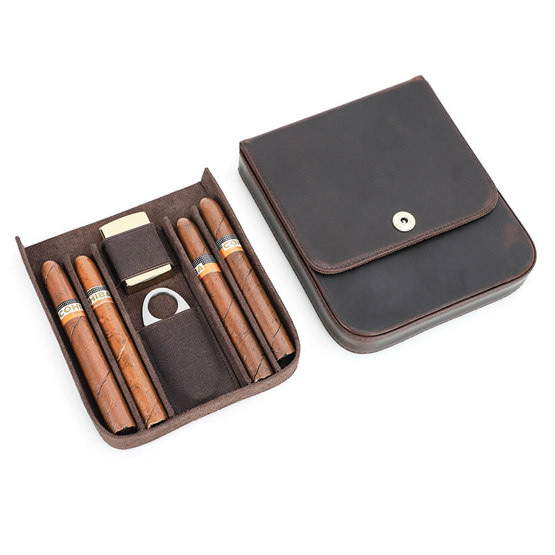 Brown Crazy Horse Leather Flip-Top Cigar Case with Magnetic Clasp – Holds 4 Cigars