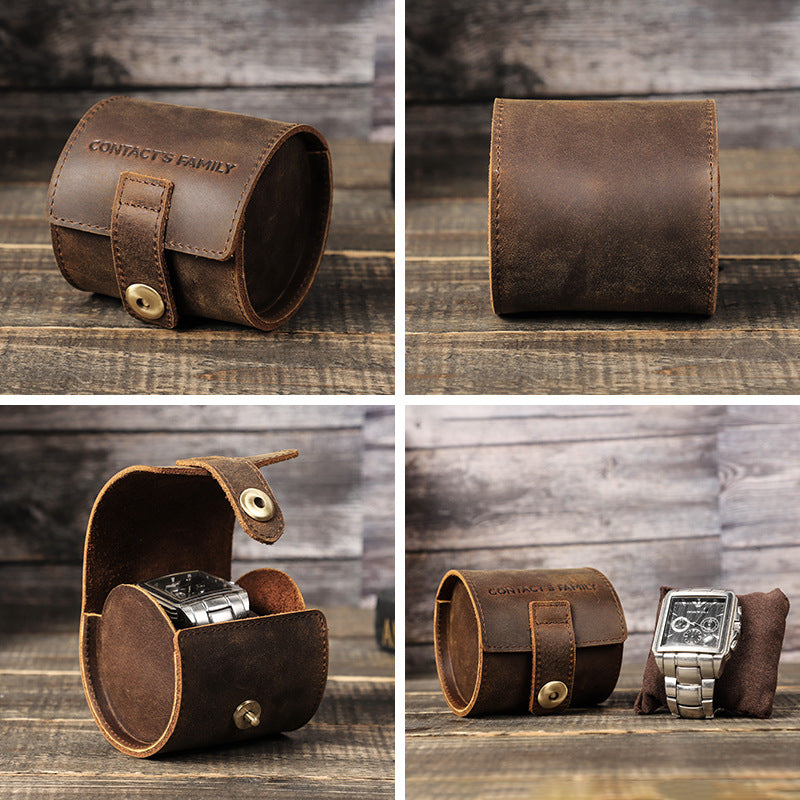 Vintage Crazy Horse Leather Cylindrical Case for One Watch