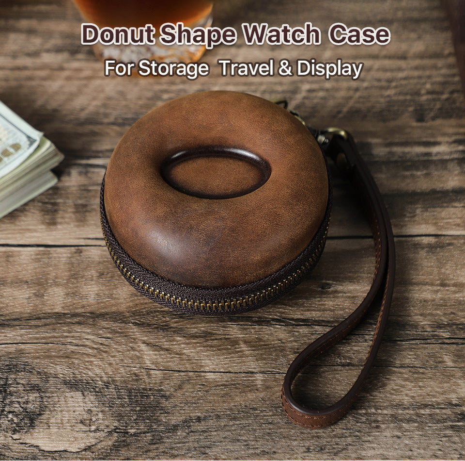 Vintage Leather Round Donut Watch Case for Single Watch Storage