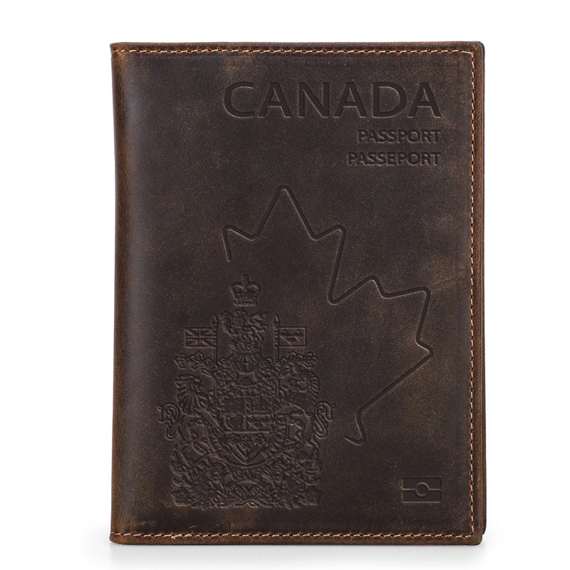 Black Vintage Crazy Horse Leather RFID-Blocking Family Passport Wallet with AirTag Pocket