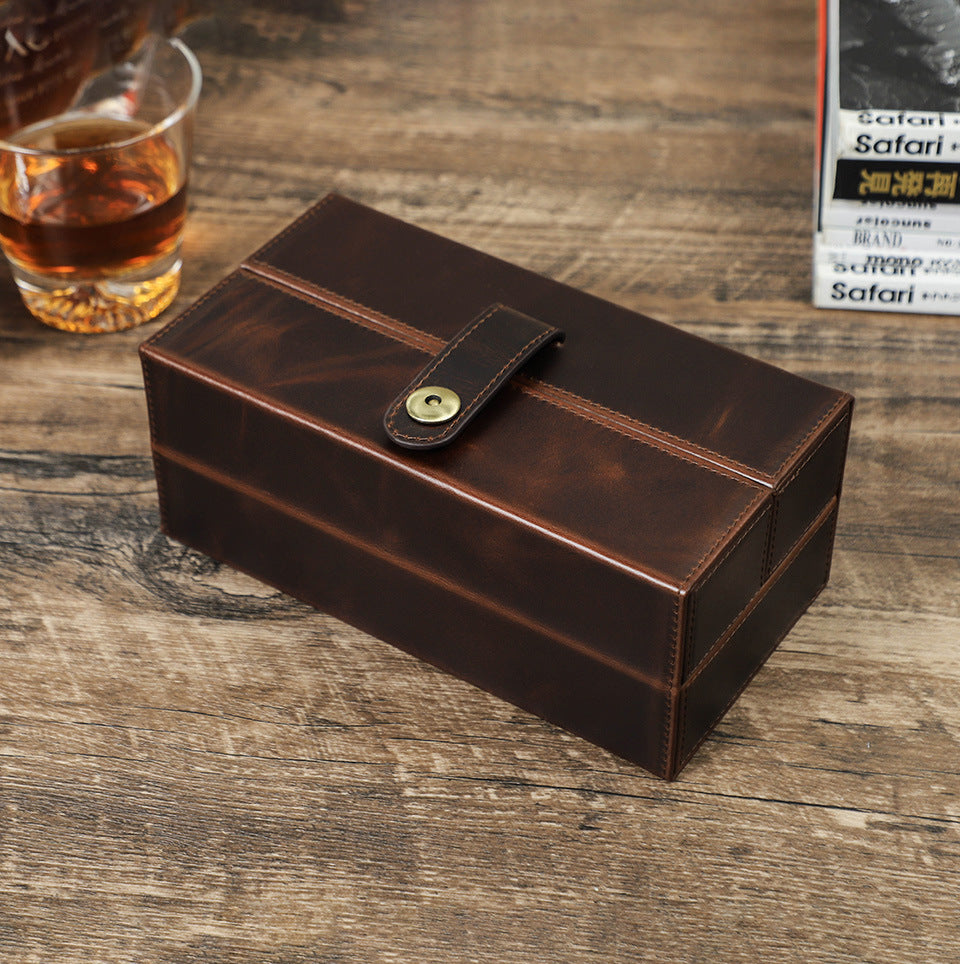 Vintage Crazy Horse Leather Travel Watch Square Case with Magnetic Clasp for Three Watches