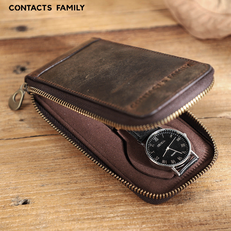 Vintage Crazy Horse Leather Zipper Travel Case for One Watch
