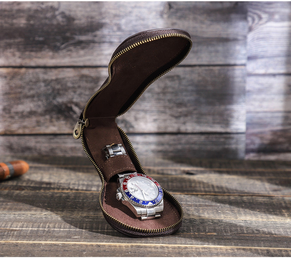 Retro Leather Single Watch Travel Case with Zipper Closure