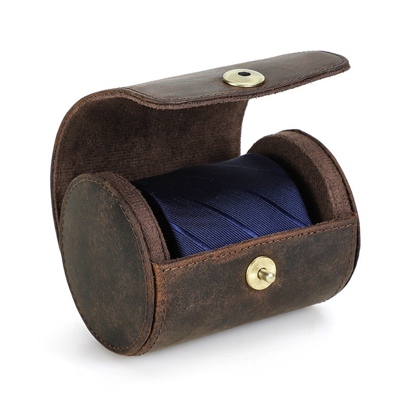Handmade Genuine Leather Round Tie Travel Case with Magnetic Closure