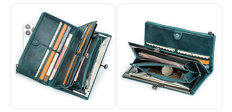 Top-Grain Cowhide Leather RFID-Blocking Long Wallet for Women with Metal Clasp