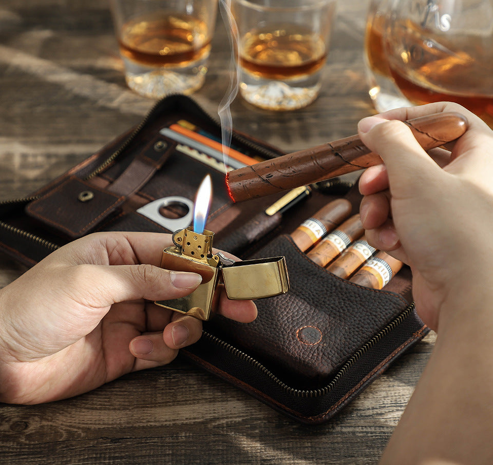 Genuine Leather Zipper Travel Cigar Case with Wrist Strap – Holds 5 Cigars